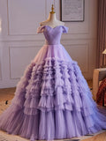 Ndyad Off Shoulder Tulle Purple Long Prom Dress, Purple Long Evening Dress HZ1024