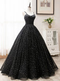 Ndyad A-Line Tulle Long Prom Dress, Black Formal Evening Dresses HZ1024