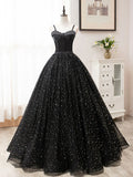 Ndyad A-Line Tulle Long Prom Dress, Black Formal Evening Dresses HZ1024