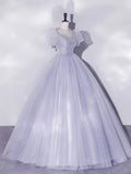 Ndyad Purple Tulle Long Prom Dresses, Purple Tulle Formal Dresses HZ1024