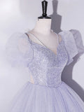 Ndyad Purple Tulle Long Prom Dresses, Purple Tulle Formal Dresses HZ1024
