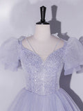 Ndyad Purple Tulle Long Prom Dresses, Purple Tulle Formal Dresses HZ1024