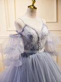 Ndyad V Neck Tulle Lace Gray Blue Long Prom Dress, Formal Graduation Dress HZ1024