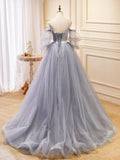 Ndyad V Neck Tulle Lace Gray Blue Long Prom Dress, Formal Graduation Dress HZ1024