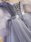 Ndyad V Neck Tulle Lace Gray Blue Long Prom Dress, Formal Graduation Dress HZ1024