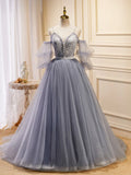 Ndyad V Neck Tulle Lace Gray Blue Long Prom Dress, Formal Graduation Dress HZ1024