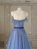 Ndyad Tulle Blue Long Prom Dresses, Blue Tulle Formal Dresses HZ1024