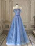 Ndyad Tulle Blue Long Prom Dresses, Blue Tulle Formal Dresses HZ1024