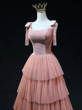 Ndyad Line Pink Tulle Long Prom Dresses, Pink Formal Graduation Dresses HZ1024