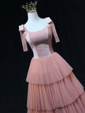 Ndyad Line Pink Tulle Long Prom Dresses, Pink Formal Graduation Dresses HZ1024