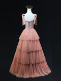 Ndyad Line Pink Tulle Long Prom Dresses, Pink Formal Graduation Dresses HZ1024