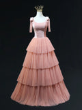 Ndyad Line Pink Tulle Long Prom Dresses, Pink Formal Graduation Dresses HZ1024