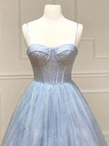 Ndyad A-Line Tulle Blue Long Prom Dress, Blue Formal Evening Dresses HZ1024