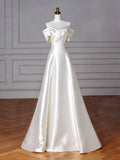 Ndyad Off Shoulder Satin ivory Long Prom Dress, Satin Long Formal Dress HZ1024