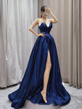 Ndyad V Neck Satin Dark Blue Long Prom Dress, Blue Long Formal Dress HZ1024