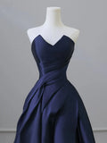 Ndyad V Neck Satin Dark Blue Long Prom Dress, Blue Long Formal Dress HZ1024