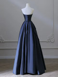 Ndyad V Neck Satin Dark Blue Long Prom Dress, Blue Long Formal Dress HZ1024