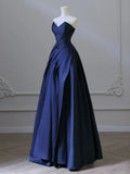 Ndyad V Neck Satin Dark Blue Long Prom Dress, Blue Long Formal Dress HZ1024