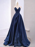 Ndyad V Neck Satin Dark Blue Long Prom Dress, Blue Long Formal Dress HZ1024