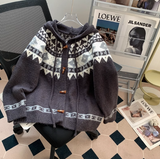 Ndyad Isle Vintage Jacquard Horn Button Women's Hooded Cardigan HZ1024