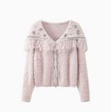 Ndyad shiny silk tassel long sleeve zipper knitted sweater jacket HZ1024