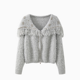 Ndyad shiny silk tassel long sleeve zipper knitted sweater jacket HZ1024