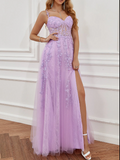 Ndyad Elegant Sweetheart Neck Tulle Lace Dark Blue Long Prom Dress, Dark Blue Long Evening Dress HZ1024