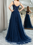 Ndyad Elegant Sweetheart Neck Tulle Lace Dark Blue Long Prom Dress, Dark Blue Long Evening Dress HZ1024