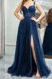 Ndyad Elegant Sweetheart Neck Tulle Lace Dark Blue Long Prom Dress, Dark Blue Long Evening Dress HZ1024