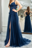 Ndyad Elegant Sweetheart Neck Tulle Lace Dark Blue Long Prom Dress, Dark Blue Long Evening Dress HZ1024