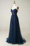 Ndyad Elegant Sweetheart Neck Tulle Lace Dark Blue Long Prom Dress, Dark Blue Long Evening Dress HZ1024