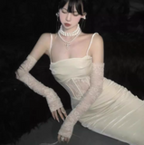 Ndyad atmosphere herringbone sling lace splicing velvet long skirt HZ1024