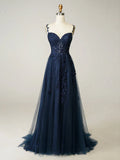 Ndyad Elegant Sweetheart Neck Tulle Lace Dark Blue Long Prom Dress, Dark Blue Long Evening Dress HZ1024
