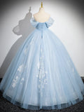Ndyad Off Shoulder Tulle Sequin Blue Long Prom Dress, Blue Sweet 16 Dress HZ1024