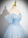 Ndyad Off Shoulder Tulle Sequin Blue Long Prom Dress, Blue Sweet 16 Dress HZ1024