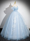 Ndyad Off Shoulder Tulle Sequin Blue Long Prom Dress, Blue Sweet 16 Dress HZ1024