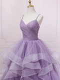 Evafashion v neck tulle long prom dress, purple tulle formal party dress HZ1024