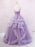 Evafashion v neck tulle long prom dress, purple tulle formal party dress HZ1024