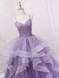 Evafashion v neck tulle long prom dress, purple tulle formal party dress HZ1024