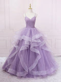 Evafashion v neck tulle long prom dress, purple tulle formal party dress HZ1024