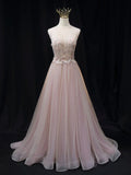 Evafashion A line tulle lace long prom dress pink tulle long evening dress HZ1024