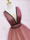 Ndyad v neck burgundy tulle long prom dress, tulle formal dress HZ1024