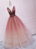 Ndyad v neck burgundy tulle long prom dress, tulle formal dress HZ1024