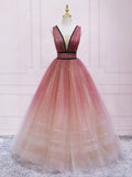 Ndyad v neck burgundy tulle long prom dress, tulle formal dress HZ1024