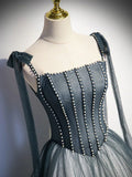 Ndyad Tulle Gray Long Prom Dress, Gray Formal Graduation Dress with Beading HZ1024