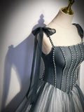 Ndyad Tulle Gray Long Prom Dress, Gray Formal Graduation Dress with Beading HZ1024