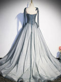 Ndyad Tulle Gray Long Prom Dress, Gray Formal Graduation Dress with Beading HZ1024