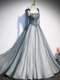 Ndyad Tulle Gray Long Prom Dress, Gray Formal Graduation Dress with Beading HZ1024