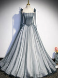 Ndyad Tulle Gray Long Prom Dress, Gray Formal Graduation Dress with Beading HZ1024