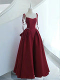 Ndyad Burgundy Long Prom Dress, Satin Formal Burgundy Evening Gown HZ1024